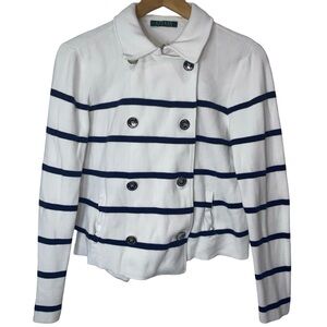Ralph‎ Lauren Women's White and Navy Striped Pea Coat